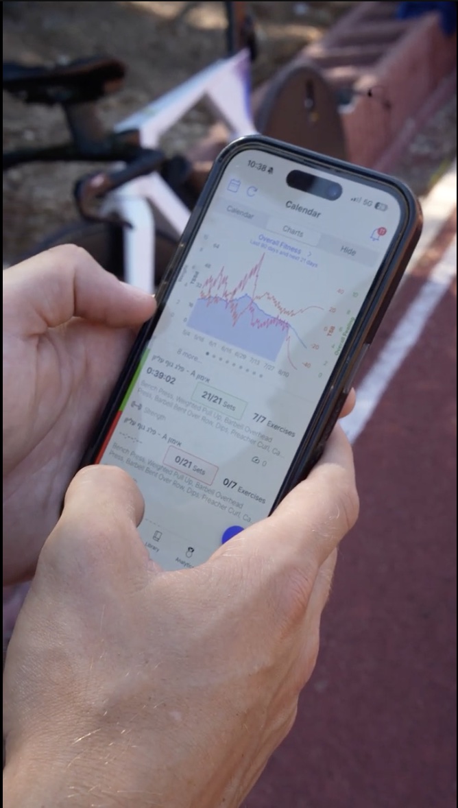 מסך TrainingPeaks בנייד המציג את גרף Overall Fitness — עקומות הכושר, העייפות והכשירות לאורך 90 הימים האחרונים